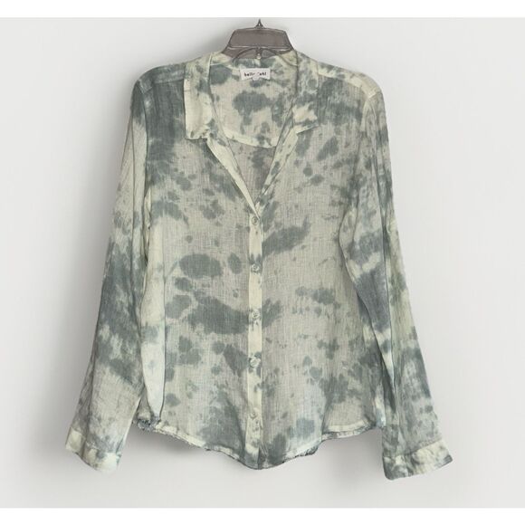 Bella Dahl 100% Linen Top Tie Dye Button Down Shirt Raw Fringe Hem Watercolor L - Picture 1 of 16